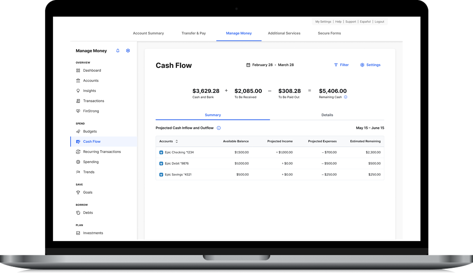 Money Management Cash Flow Screen